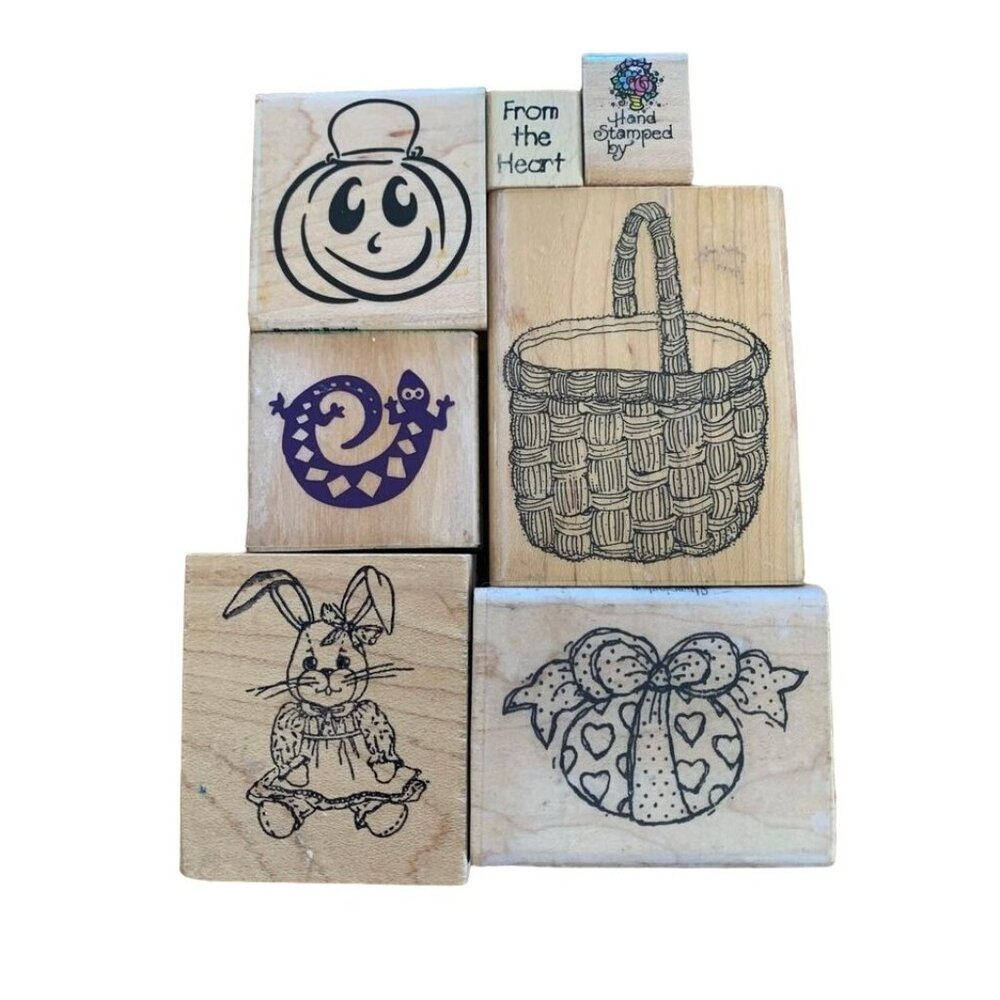 Wooden Rubber Stamp Set Lot Pumpkin Basket Bunny & More Designs Craft Fun
